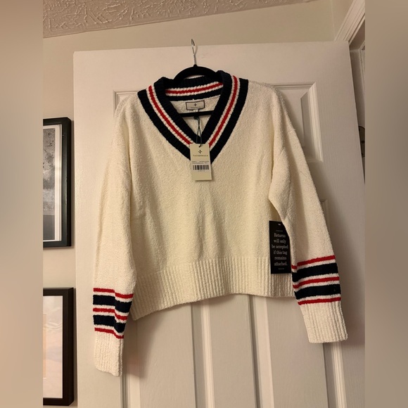 NWT - Tuckernuck White V-Neck Sweater with Red and Blue Stripes - Picture 4 of 8